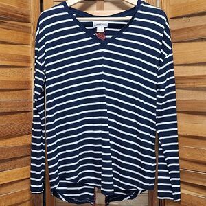 Ariat Long Sleeve V-Neck Navy White Striped Shirt Women M Red Lace Cotton